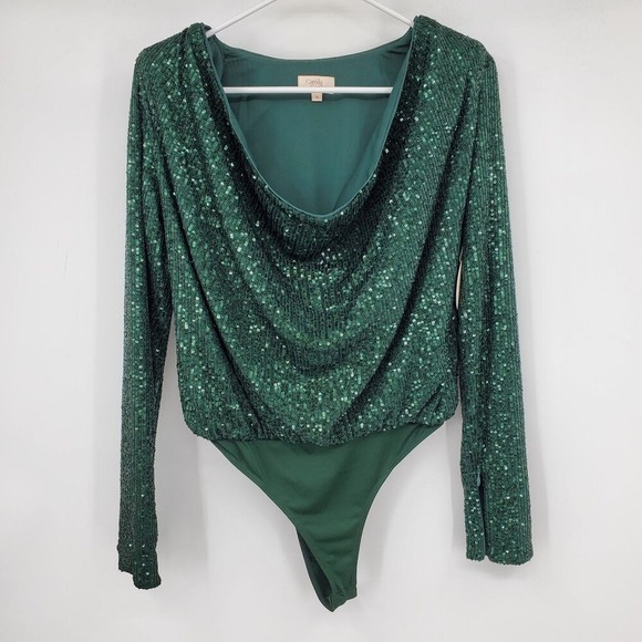 REVOLVE Tops - NWT Revolve Camila Coelho CeCe Emerald Green Sequin Draped Bodysuit Glam Party S